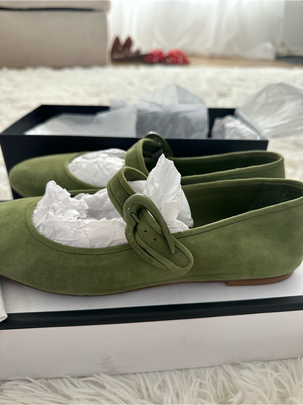 Larroude Verona Ballet Flat in Seaweed Suede - Olive Green